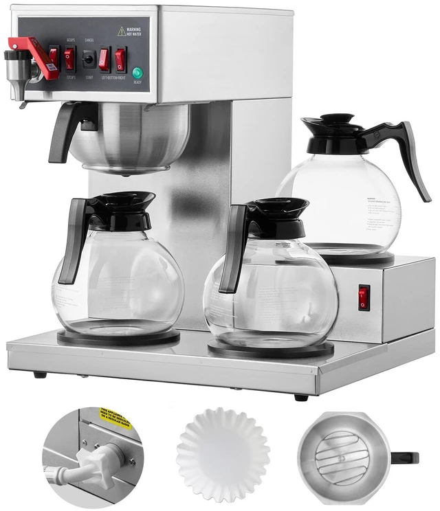 Alt view image 8 of 8 - 12 Cups Commercial Drip Coffee Maker, Coffee Maker Machine with 3 Glass Carafes and 3 Warmer Plates, Stainless Steel Pour Over Coffee Brewer for Restaurant, Office, Cafe