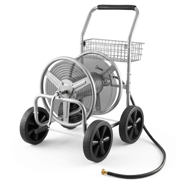 Alt view image 7 of 7 - Water Hose Reel Cart, 300/500 ft High-Pressure Garden Hose Cart, Hoses Reel Carts with Four Wheels, Handle & Heavy-Duty Mesh Storage Basket, Portable Hoses Reels for Garden Watering, Car Washing