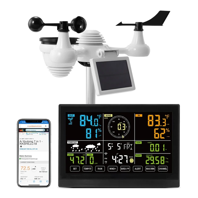 Alt view image 15 of 15 - 7-in-1 Wi-Fi Weather Station, 7.5 in Color Display, Home Weather Station Indoor Outdoor, with Solar Wireless Outdoor Sensor Alarm Alerts, for Temperature Humidity Wind Speed/Direction Rain
