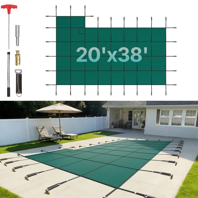 Alt view image 16 of 16 - Inground Pool Safety Cover, 20 ft x 38 ft Rectangular Winter Pool Cover with Right Step, Triple Stitched, High Strength Mesh PP Material, Good Rain Permeability, Installation Hardware Included