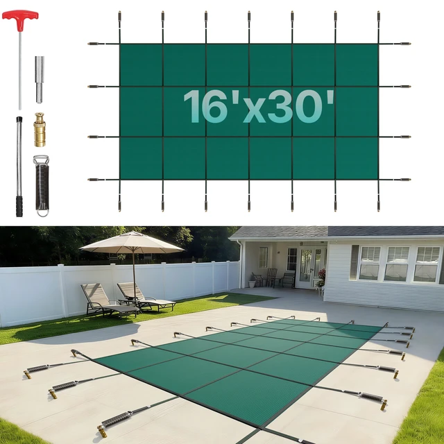 Alt view image 8 of 8 - VEVOR IngroundPool Safety Cover, 16ftx 30 ftRectangular Winter Pool Cover,Triple Stitched, High Strength Mesh PP Material with Good Rain Permeability, Installation Hardware Included, Green