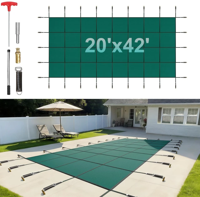 Alt view image 16 of 16 - Inground Pool Safety Cover, 20 ft x 42 ft Rectangular Winter Pool Cover, Triple Stitched, High Strength Mesh PP Material with Good Rain Permeability, Installation Hardware Included, Green