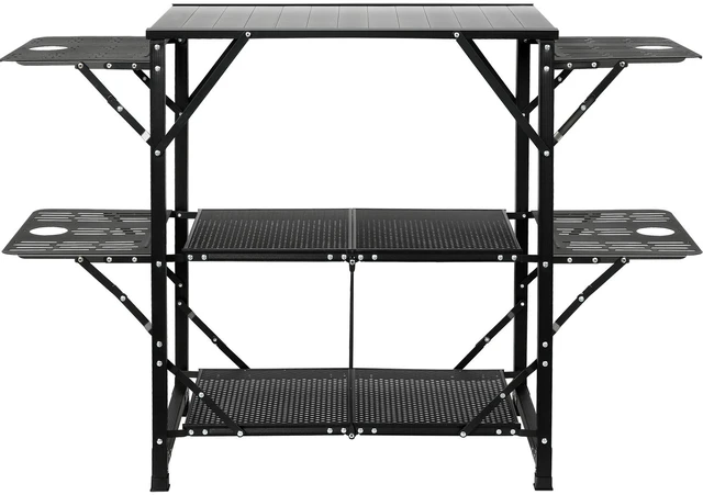 Alt view image 8 of 8 - Camping Kitchen Table, One-piece Folding Portable Cook Station with A Carrying Bag, Aluminum Camping Table 4 Iron Side Tables & 2 Shelves, Ideal for Outdoor Picnics, BBQs, Camping, RV Traveling