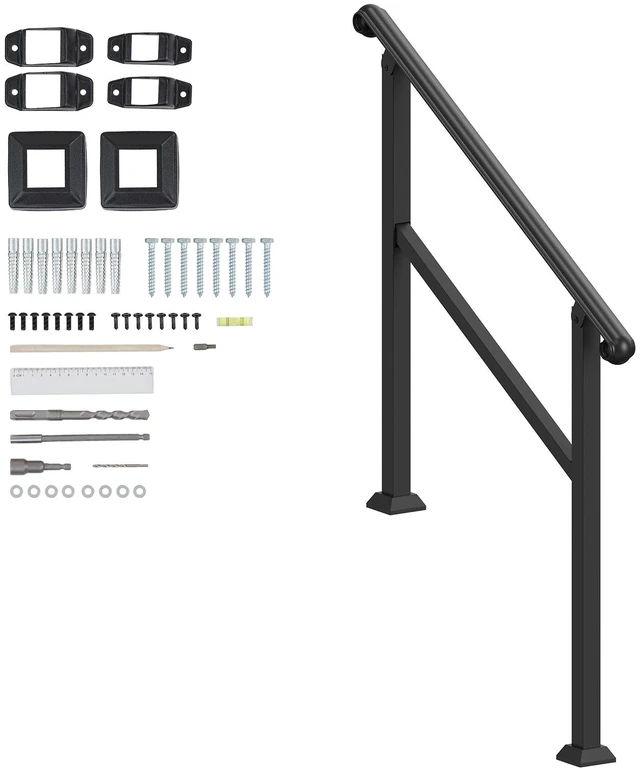 Alt view image 9 of 9 - Handrails for Outdoor Steps, 2-3 Step Stair Hand Rail & Indoor Railing Kit, Railings for Outside Steps with Installation Kit, Hand Rails for Seniors,Porch Railing & Deck Hand Rail, Black