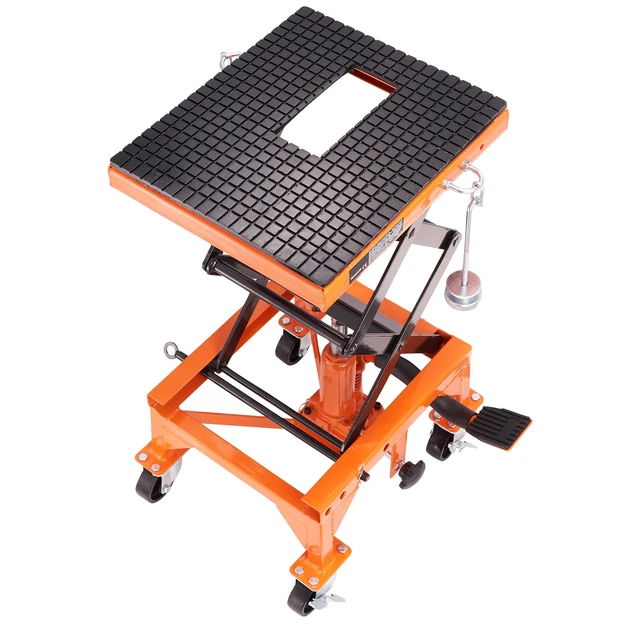 Alt view image 15 of 15 - VEVOR Hydraulic Motorcycle Lift Table, 350 LBS Capacity Motorcycle Scissor Jack Lift with Wide Deck, J-hooks, 4 Wheels, Hydraulic Foot-Operated Jack Stand for ATV Dirt Bikes