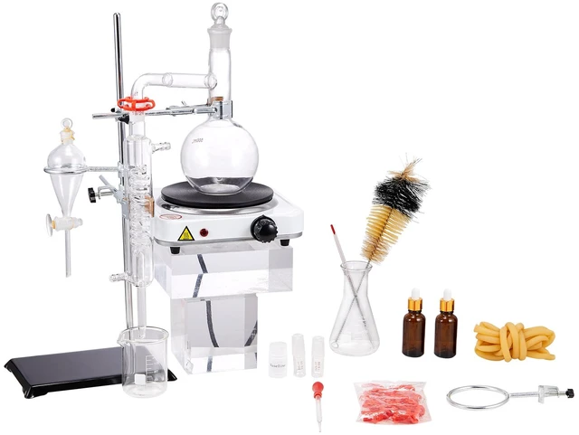 Alt view image 8 of 8 - VEVOR Essential Oil Distillation Kit, 500ml Distillation Apparatus, 3.3 Boro Lab Glassware Distillation Kit with 1000W Heating Plate and 24, 40 Joint, 33 pcs Set