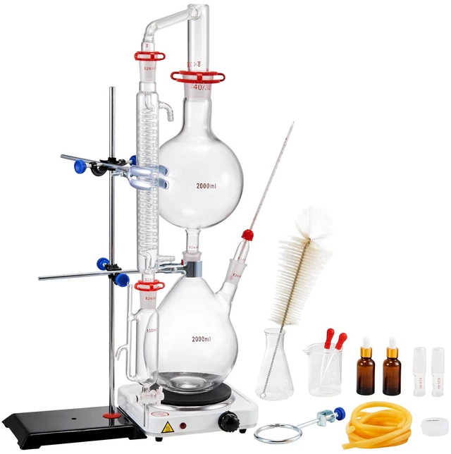 Alt view image 8 of 8 - Essential Oil Distillation Kit, 2000ml Distillation Apparatus, 3.3 Boro Lab Glassware Distillation Kit with 1000W Heating Plate and 24, 40 Joint, 28 pcs Set