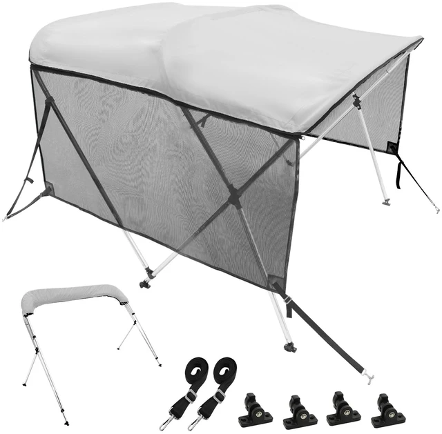 Alt view image 10 of 10 - VEVOR 3 Bow Bimini Top Boat Cover, Detachable Mesh Sidewalls, 600D Polyester Canopy with 1" Aluminum Alloy Frame, Includes Storage Boot, 2 Support Poles, 2 Straps, 6'L x 46"H x 61"-66"W, Light Grey