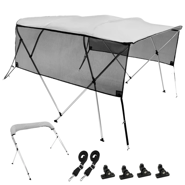 Alt view image 15 of 15 - VEVOR 4 Bow Bimini Top Boat Cover, Detachable Mesh Sidewalls, 600D Polyester Canopy with 1" Aluminum Alloy Frame, Includes Storage Boot, 2 Straps, 2 Support Poles, 8'L x 54"H x 85"-90"W, Light Grey