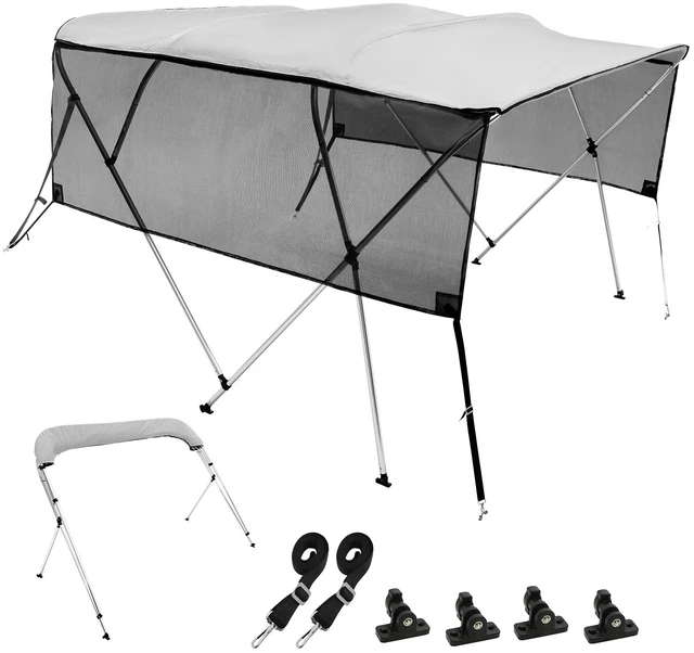 Alt view image 11 of 11 - VEVOR 4 Bow Bimini Top Boat Cover, Detachable Mesh Sidewalls, 600D Polyester Canopy with 1" Aluminum Alloy Frame, Includes Storage Boot, 2 Straps, 2 Support Poles, 8'L x 54"H x 91"-96"W, Light Grey