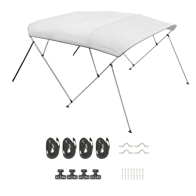 Alt view image 8 of 8 - 4 Bow Boat Bimini Tops, 600D Polyester Canopy with Aluminum Alloy Frame, Waterproof & Sun Shade Boat Awning Canopy with Storage Bag, 2 Support Poles, 4 Straps, 96"Lx(85"-90")Wx54"H, Light Grey