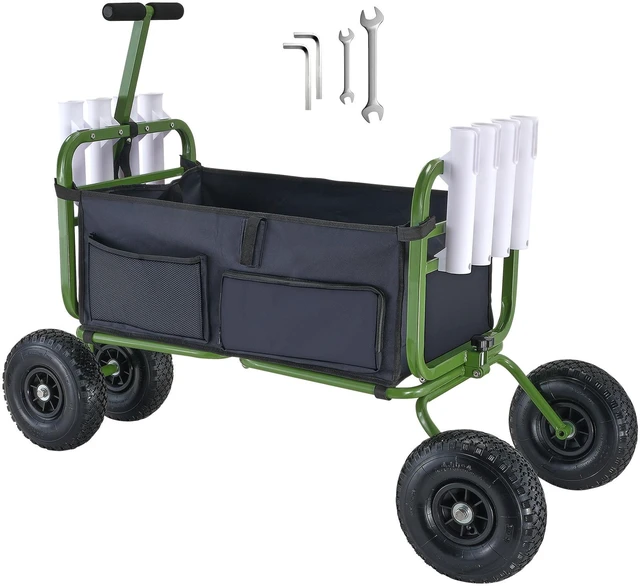 Alt view image 15 of 15 - Beach Fishing Cart, 300 lbs Load Capacity, Foldable Fish and Marine Cart with Four 11" Big Wheels Rubber Balloon Tires, Heavy-Duty Steel Pier Wagon Trolley with 8 Rod Holders for Picnic