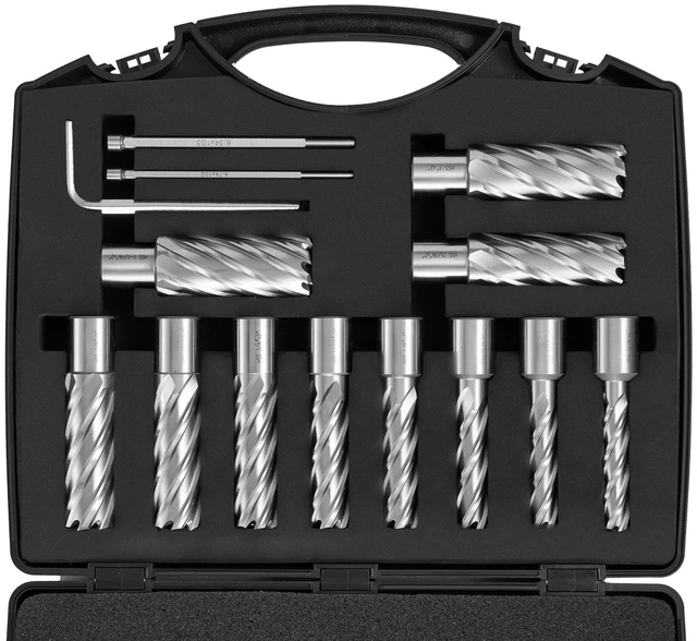 Alt view image 15 of 15 - Annular Cutter Set, 13 pcs Weldon Shank Mag Drill Bits, 7/16" to 1-1/16" Cutting Diameter, 2" Cutting Depth, M2AL HSS, with 2 Pilot Pins, Hex Wrench and Portable Case, for Using with Magnetic Dr