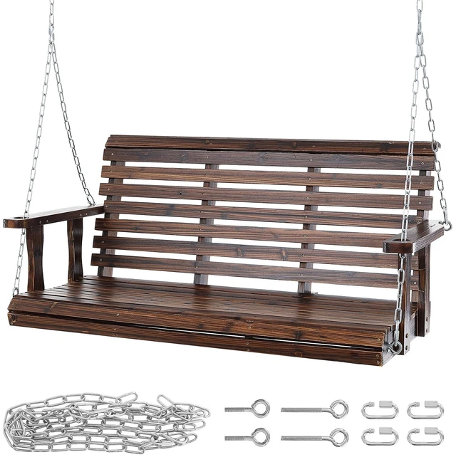 Alt view image 8 of 8 - Wooden Porch Swing 4.5 ft, Patio bench swing for Courtyard & Garden, Upgraded 880 lbs Strong Load Capacity, Heavy Duty Swing Chair Bench with Hanging Chains for Outdoors, Carbonized Brown