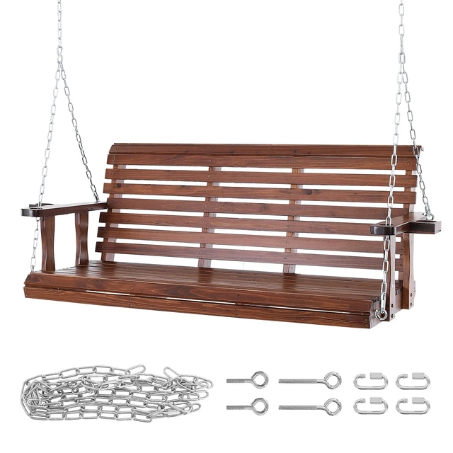 Alt view image 8 of 8 - Wooden Porch Swing 5.5 ft, Patio bench swing for Courtyard & Garden, Upgraded 880 lbs Strong Load Capacity, Heavy Duty Swing Chair Bench with Hanging Chains for Outdoors, Brown