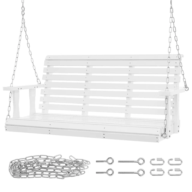 Alt view image 15 of 15 - Wooden Porch Swing 4.5 ft, Patio bench swing for Courtyard & Garden, Upgraded 880 lbs Strong Load Capacity, Heavy Duty Swing Chair Bench with Hanging Chains for Outdoors, White