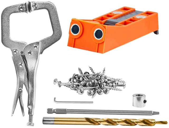 Alt view image 15 of 15 - Pocket Hole Jig, 56 Pcs Mini Jig Pocket Hole System with 9" C-clamp, Step Drill, Wrench, Square Drive Bit, Drill Stop Ring, and Screws, for DIY Carpentry Projects