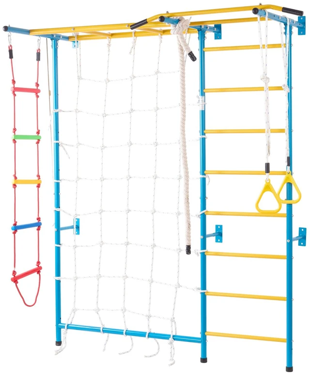 Alt view image 8 of 8 - Indoor Jungle Gym for Toddlers, 7-in-1 Climbing Playset with Carbon Steel Swedish Ladder, Wall Ladder, Pull-Up Bar, Rope Ladder, and Gymnastic Rings, Supports 220 lbs, Multicolor