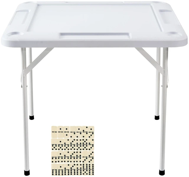 Alt view image 15 of 15 - Mahjong Table, Square 4 Player Folding Card Table with 4 Cup Holders & 4 Chip Trays, Portable Domino Game Table with 1 Set of Dominoes for Mahjong Poker Puzzles, 35.4 x 35.4-inch, White