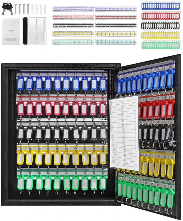 Alt view image 8 of 8 - 100-Key Cabinet, Key Lock Box with Adjustable Racks, Security Key Storage Box Steel, Key Organizer with 100 Colorful Key Tags and 2 Record Cards for School, Office, Hotel
