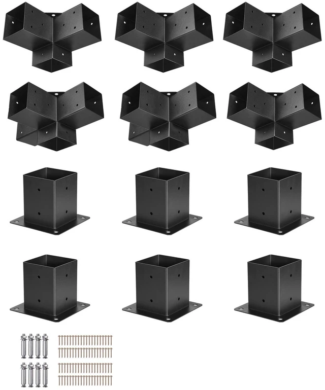 Alt view image 8 of 8 - Pergola Kit, 4x4 Inch Pergola Brackets for 3.5x3.5 Inch Wood Beams in Actual Dimension, 3-Way (4 Pcs) and 4-Way (2 Pcs) Gazebo Brackets with 6 Post Bases, for Outdoor Pergolas, Gazebos, Sheds