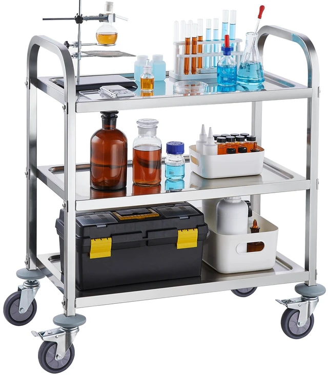 Alt view image 15 of 15 - VEVOR Stainless Steel Cart, 3 Layers Lab Utility Cart 400 lbs Weight Capacity, Medical Cart with Lockable Universal Wheels, for Lab, Clinic, Kitchen, Salon