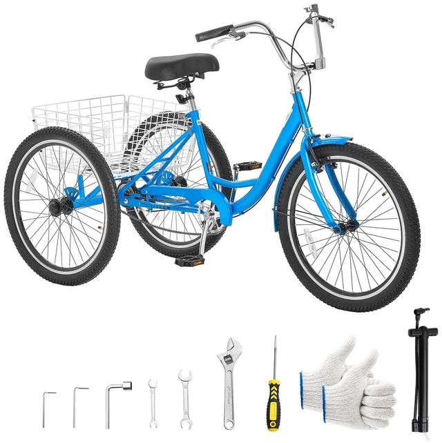 Main image of VEVOR Adult Tricycle 24 inch Trike for Adult 3 Wheel Cruiser Bike, with Cargo Basket, Adjustable Seat, and Double-Wall Wheel Rims, Carbon Steel Shopping Picnic Tricycles for Women, Men, Seniors
