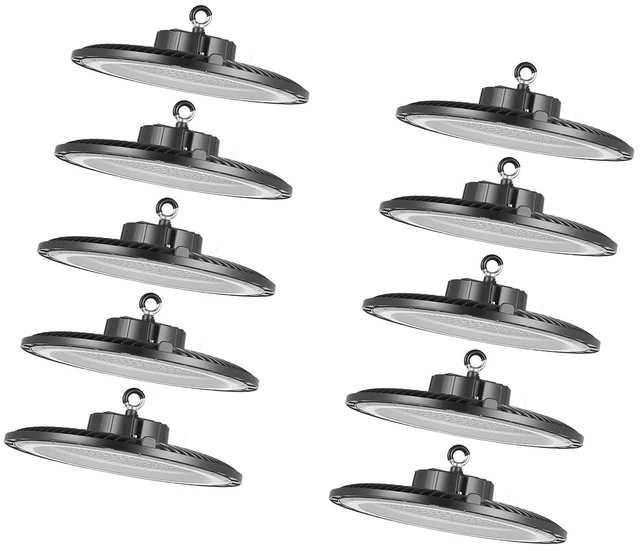 Main image of VEVOR 10 Pack LED High Bay Lights 5000K 150W 21000LM Super Bright UFO Light, Warehouse Shop Use, IP65 Waterproof, 100-277V Wide Voltage, Aluminum Alloy, for Workshop Factory Gym Garage Barn, Black
