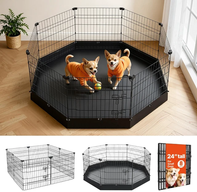 Main image of VEVOR Dog Playpen 24 Inch 8 Panels Heavy Duty Exercise Pen with Bottom Pad, Indoor Foldable Metal Pet Fence with Door, Puppy Crate Kennel, Pet Playpen for Dogs, Cats, and Other Small Animals, Black