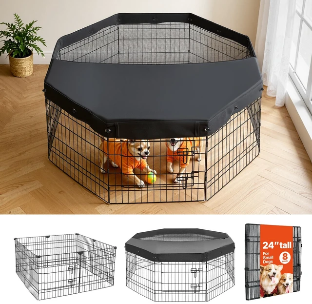 Main image of VEVOR Dog Playpen 24 Inch 8 Panels Foldable Exercise Pen with Top Cover, Indoor Metal Pet Fence with Door, Heavy Duty Puppy Crate Kennel, Pet Playpen for Dogs, Cats, and Other Small Animals, Black