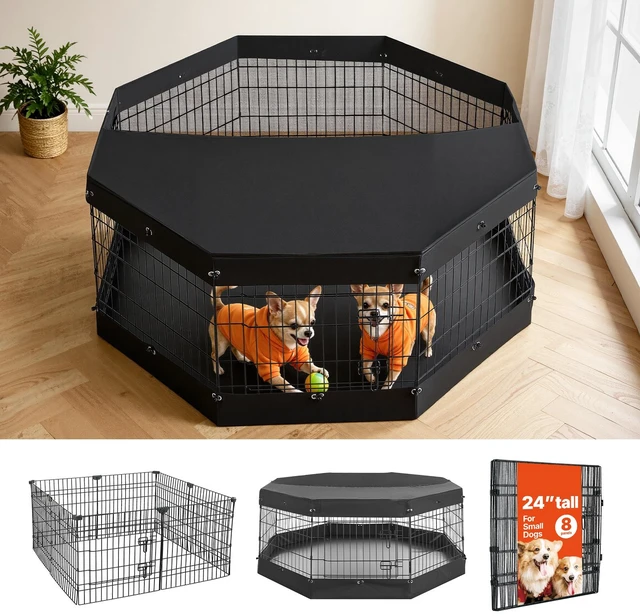 Main image of VEVOR Dog Playpen 24 Inch 8 Panels Exercise Pen with Top Cover & Bottom Pad, Indoor Foldable Metal Pet Fence with Door, Heavy Duty Puppy Crate Kennel Pen for Dogs, Cats, and Other Small Animals, Black