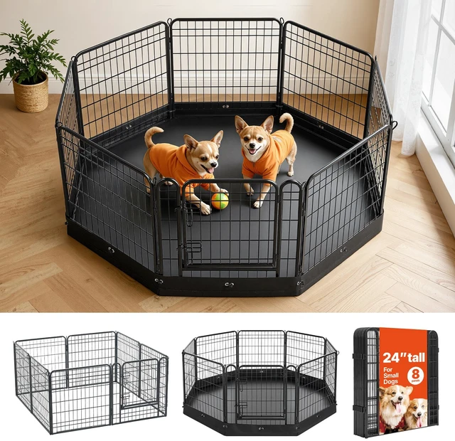 Main image of VEVOR Dog Playpen 24 Inch 8 Panels Foldable Exercise Pen with Bottom Pad, Indoor Metal Pet Fence with Door, Heavy Duty Puppy Crate Kennel, Pet Playpen for Dogs, Cats, and Other Small Animals, Black