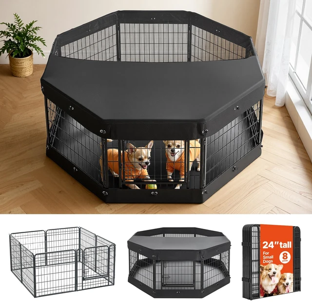 Main image of VEVOR Dog Playpen 24 Inch 8 Panels Heavy Duty with Top Cover & Bottom Pad, Indoor Foldable Metal Exercise Pen Pet Fence with Door, Puppy Crate Kennel Pen for Dogs, Cats, and Other Small Animals, Black