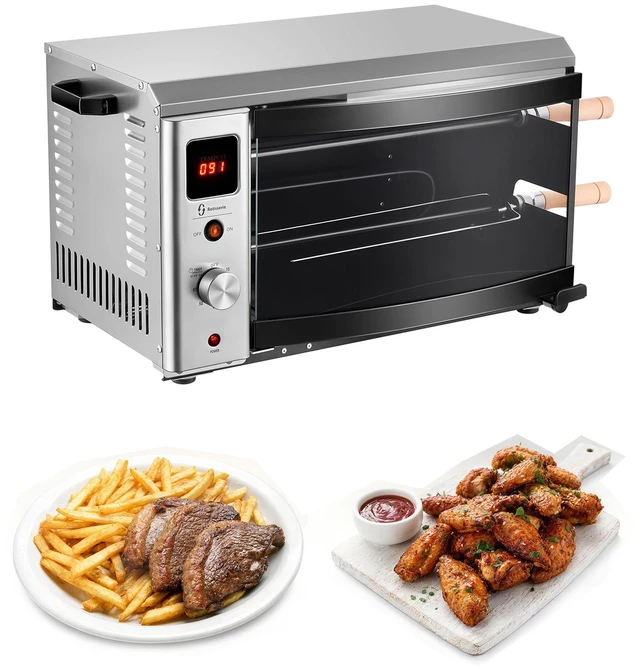 Main image of VEVOR Countertop Vertical Oven Brazilian Flame 2 Auto Rotating Skewers, for Steak, Fish, Lamb Leg, 1800W Rotisserie Shawarma Machine, Electric Meat Kebab Grill, with Curved Glass Door, Drip Tray