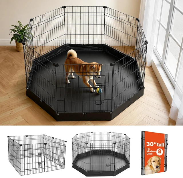 Main image of VEVOR Dog Playpen 30 Inch 8 Panels Foldable Exercise Pen with Bottom Pad, Indoor Metal Pet Fence with Door, Heavy Duty Puppy Crate Kennel, Pet Playpen for Dogs, Cats, and Other Small Animals, Black