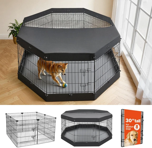 Main image of VEVOR Dog Playpen 30 Inch 8 Panels Exercise Pen with Top Cover & Bottom Pad, Indoor Foldable Metal Pet Fence with Door, Heavy Duty Puppy Crate Kennel Pen for Dogs, Cats, and Other Small Animals, Black