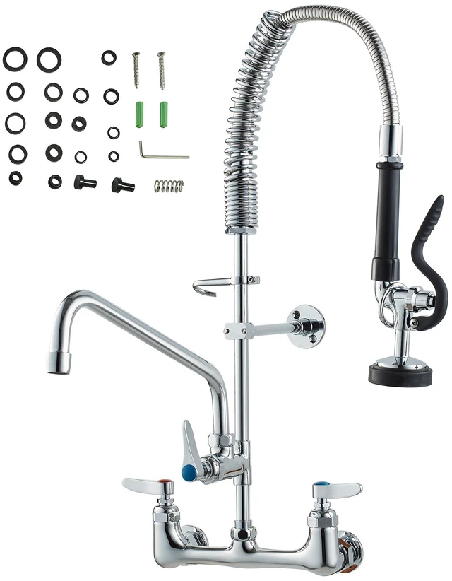 Alt view image 15 of 15 - VEVOR Commercial Faucet with Pre-Rinse Sprayer, 25" Height, 8" Center, 12" Swing Spout, Wall Mount Kitchen Sink Faucet, Brass Constructed Device with Pull Down Spray, for 1/2/3 Compartment Sink