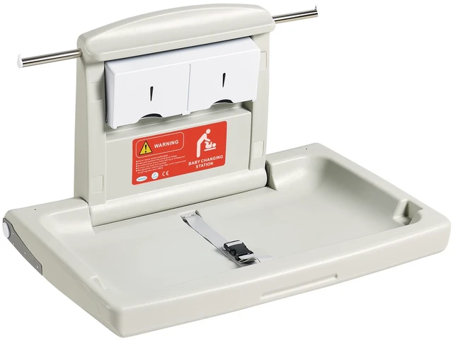 Alt view image 15 of 15 - VEVOR Wall-Mounted Baby Changing Station, Horizontal Foldable Diaper Change Table with Safety Straps and Hanging Rods, Use in Commercial Bathrooms, Daycare Centers for Newborns & Infant