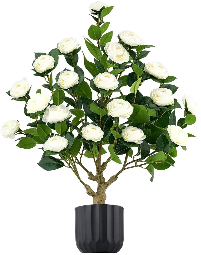 Main image of VEVOR Artificial Potted Camellias 34 in 2-Pack Fake Flower Plants White, for Porch, Patio, Entryway, & Home Decor, Indoor & Outdoor Use, Silk and PE Blooms in Pots, Ready to Display Faux Plants