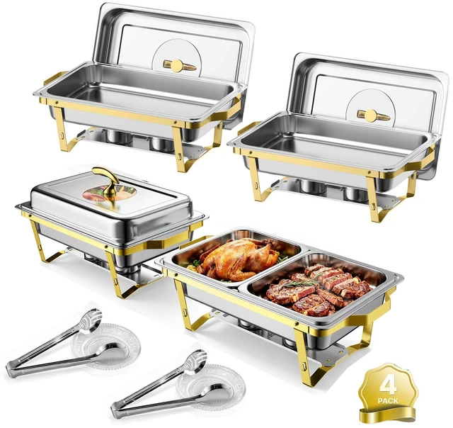 Main image of VEVOR 4 Packs Chafing Dishes for Buffet Set, 9QT Stainless Steel Chafer, for Banquet Party Wedding, Rectangle Buffet Server Warmer, 2 Full & 4 Half-Size Pans, Glass Lid, Fuel Holder, Tong, Glass Pad