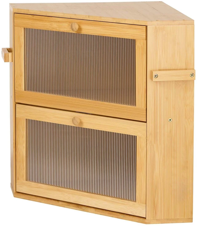 Main image of VEVOR Corner Bread Box for Kitchen Counter Bamboo Wood Container Natural, for Homemade Bread, Under Cabinet, and Pantry, Double Layer Farmhouse Breadbox Bin, with Acrylic Door Panel and Air Vents