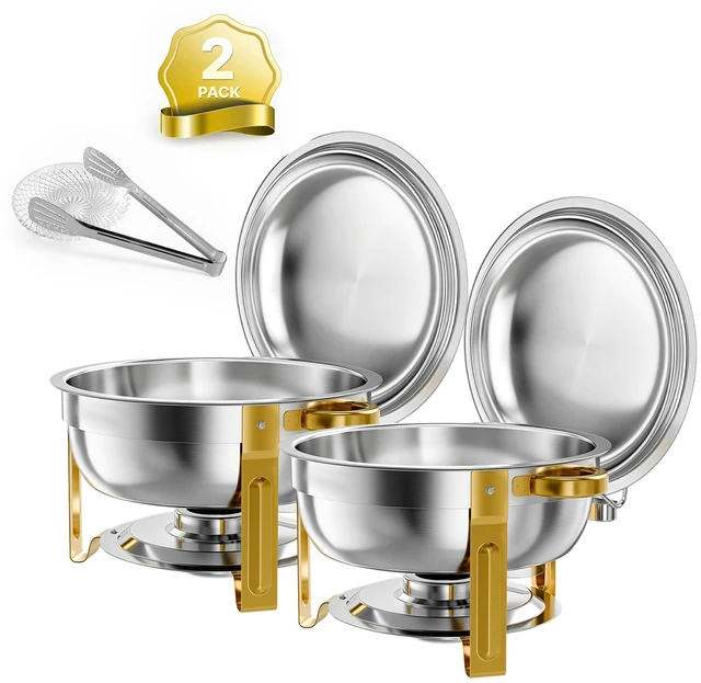 Main image of VEVOR 2 Packs Chafing Dishes for Buffet Set, 6QT Stainless Steel Chafer, for Banquet Party Wedding Catering Event, Round Stackable Buffet Server and Warmer, with 2 Pots, Fuel Holder, Tong, Glass Pad