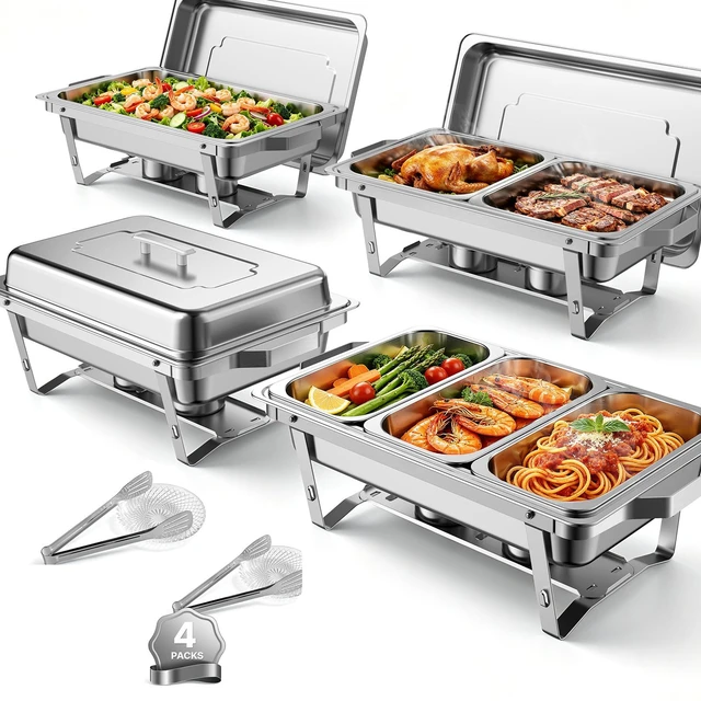 Main image of VEVOR 4 Packs Chafing Dishes for Buffet Set, 9QT Stainless Steel Chafer, for Banquet Party Wedding, Rectangle Buffet Server Warmer, 2 Full & 2 Half & 3 Third-Size Pans, Fuel Holder, Tong, Glass Pad