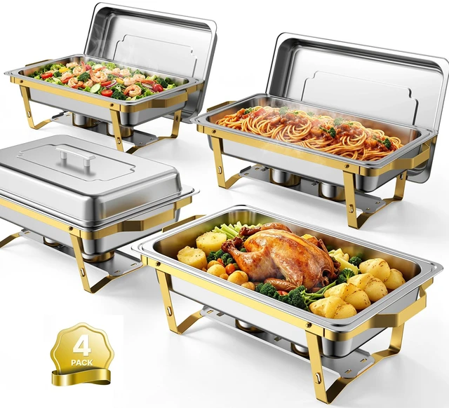 Main image of VEVOR 4 Packs Chafing Dishes for Buffet Set, 9QT Stainless Steel Chafer, for Banquet Party Wedding, Rectangle Buffet Server and Warmer, with 4 Full Size Pans, Fuel Holder, and Foldable Stand