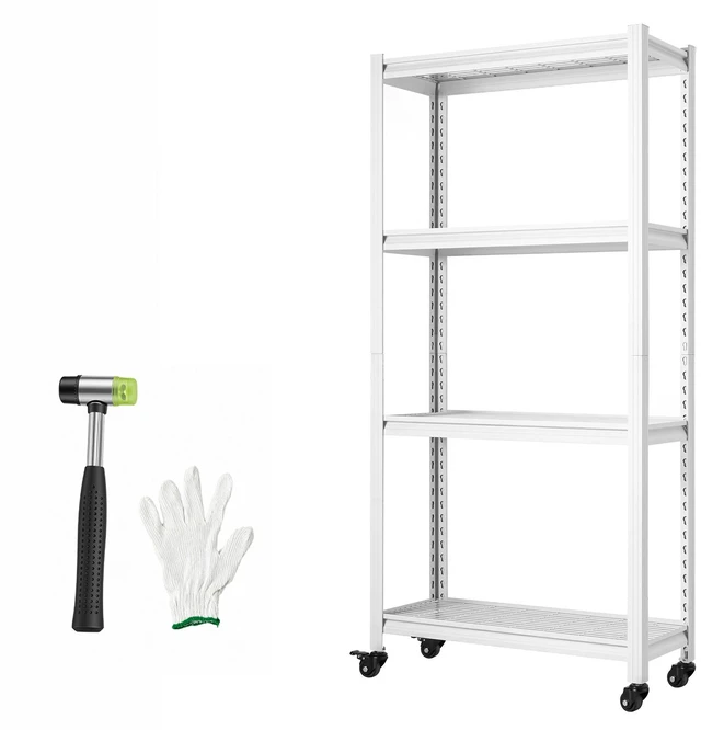 Main image of VEVOR Storage Shelves, 4-Tier Garage Shelving with Wheels 30 x 12 x 63 in, for Garage, Basement, Warehouse, Kitchen, 800 lbs Static Load, Heavy-Duty Metal Unit, Adjustable Racks, with Gloves, White