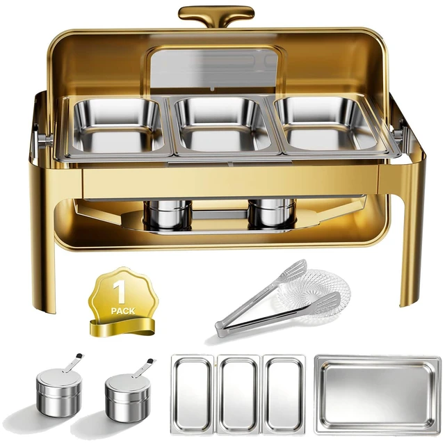 Main image of VEVOR 1 Pack Chafing Dish for Buffet Set, 13QT/12.3L Stainless Steel Chafer, for Banquet Party Wedding, Roll Top Rectangle Buffet Server Warmer, 1 Full & 3 Third-Size Pan, Glass Lid, Tong, Glass Pad