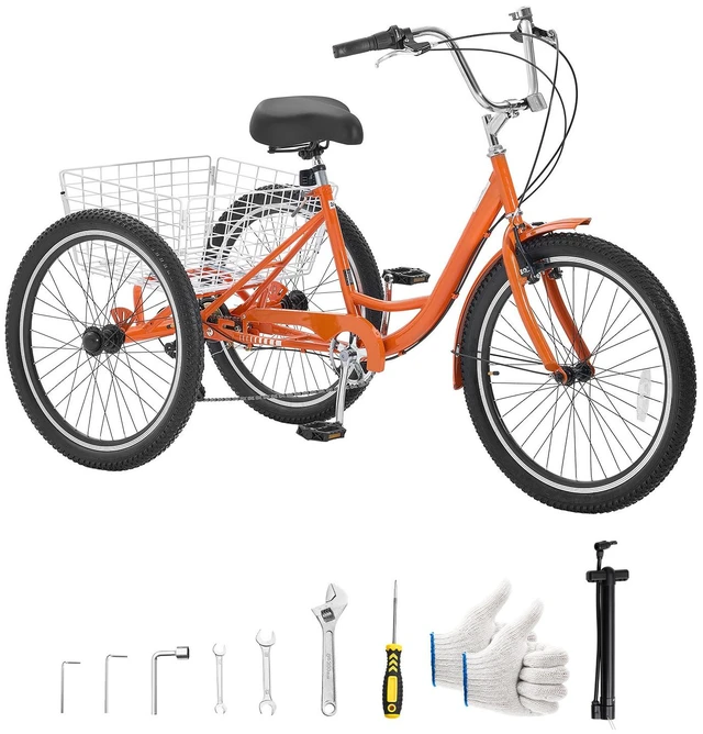 Main image of VEVOR Adult Tricycle 24 inch 7 Speed Trikes for Adult 3 Wheel Cruiser Bike, w/ Cargo Basket, Adjustable Seat, and Double-Wall Wheel Rims, Carbon Steel Shopping Tricycles for Women, Men, Senior (Red)