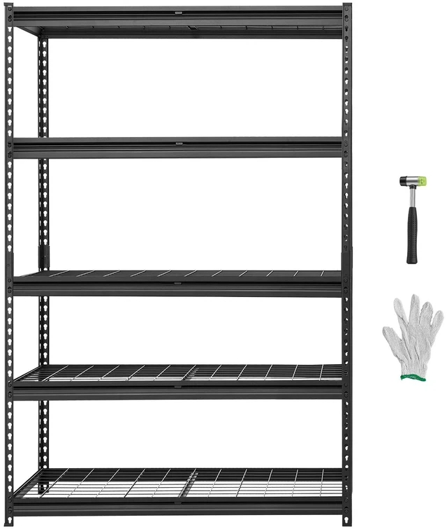 Main image of VEVOR Storage Shelves, 5-Tier 3000 lbs Garage Shelving 48 x 20 x 71.4 in, for Garage, Basement, Warehouse, Kitchen, Heavy-Duty Metal Stable Construction, Adjustable Wire Racks, with Gloves, Black