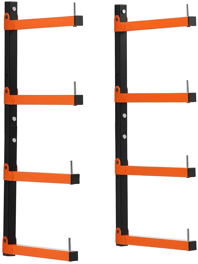 Main image of VEVOR Lumber Rack, 4-Tier 2-Pack 110 lbs per Tier, Foldable Wood Storage, Wall-mounted for Garages, Workshops, Warehouse, Heavy-Duty Cantilever Arms, 3-Level Adjustment, Steel, Orange & Black
