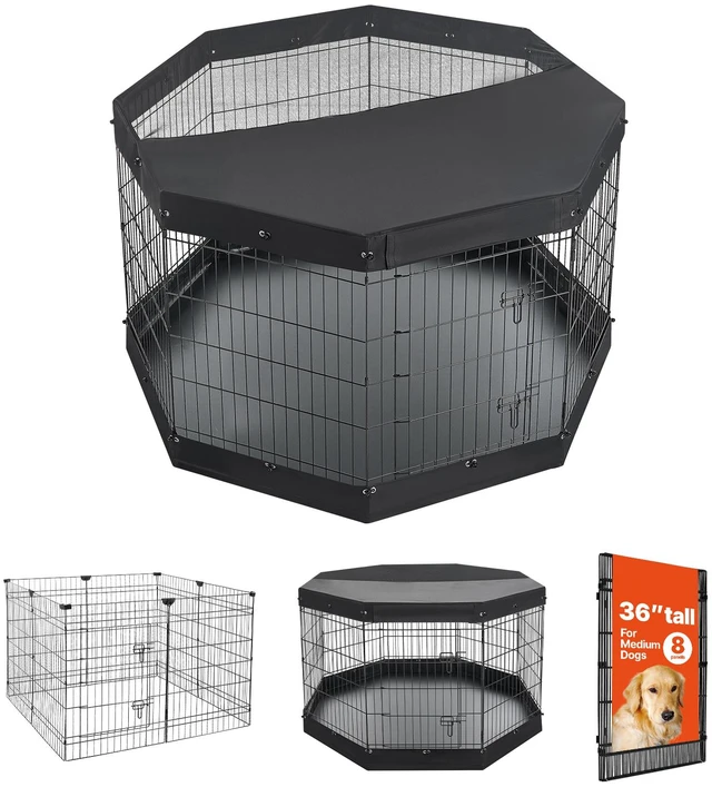 Main image of VEVOR Dog Playpen 36 Inch 8 Panels Exercise Pen with Top Cover & Bottom Pad, Indoor Foldable Metal Pet Fence with Door, Heavy Duty Puppy Crate Kennel Pen for Dogs, Cats, and Other Small Animals, Black